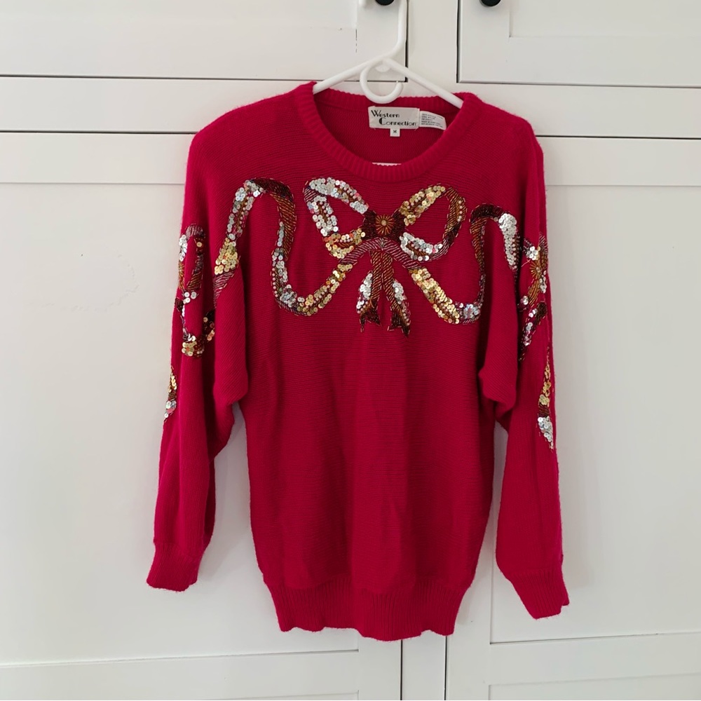 Vintage Western Connection Fuschia Knit Shoulder Pad Bow Sequin Sweatshirt